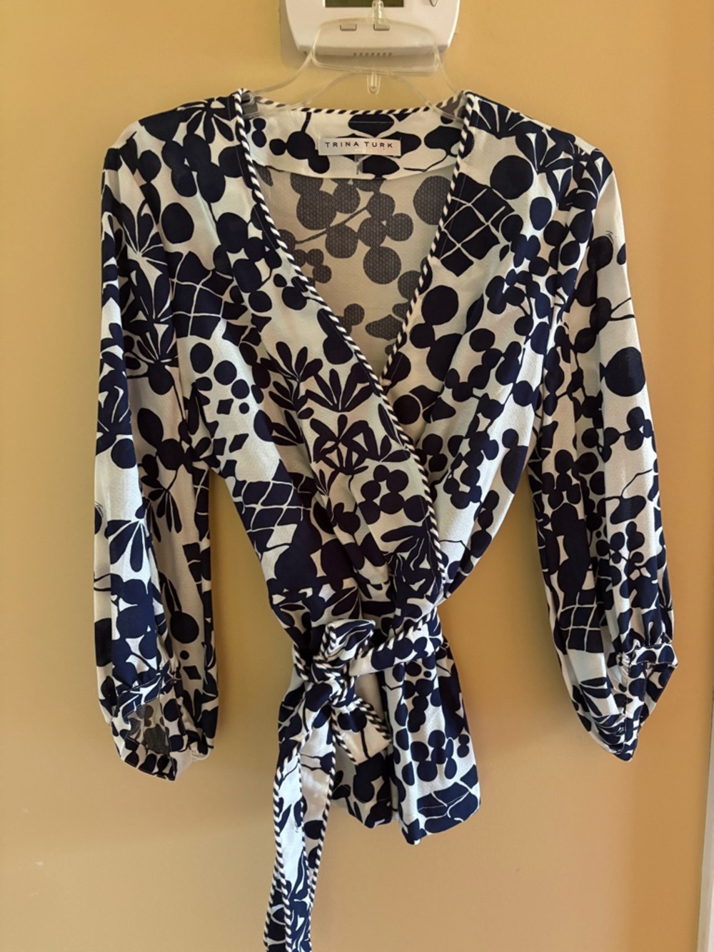 Trina Turk Intermission Navy and White Print Surplice Top with Tie